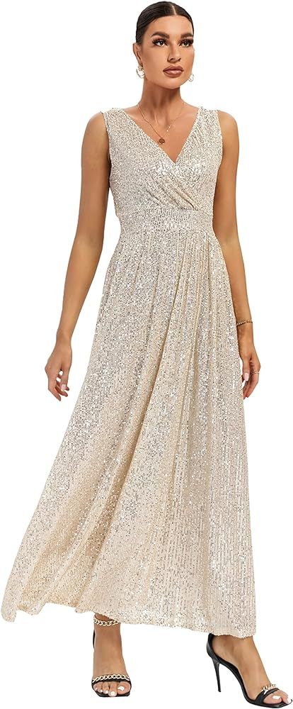 MAGIARTE Women's Sequins Bridesmaid Wedding Guest Maxi Dress Wrap V-Neck Evening Gowns Pockets Lo... | Amazon (US)