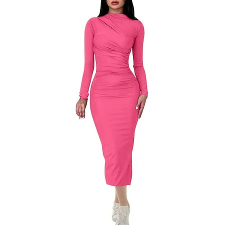 Lndajk Women's Long Sleeve High Neck Ruched Midi Dress Women Fashion Comfortable Casual Long Sleeve Round-Neck Dress Hot Pink M | Walmart (US)