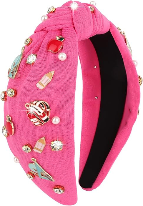 Semato Teacher Headband for Women Girl Back To School Outfits Teacher Appreciation Gifts Hair Accessories Crystal Pearl Wide Knotted Headband (Hot Pink) | Amazon (US)