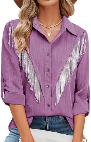 MYMORE Womens Sparkly Fringe Button Down Shirt Rolled 3/4 Sleeve Top Country Concert Nashville We... | Amazon (US)