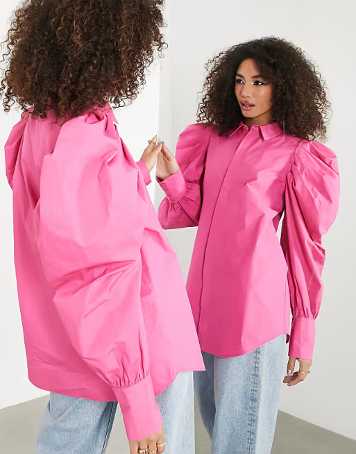 ASOS EDITION cotton shirt with oversized puff sleeve in bright pink | ASOS (Global)