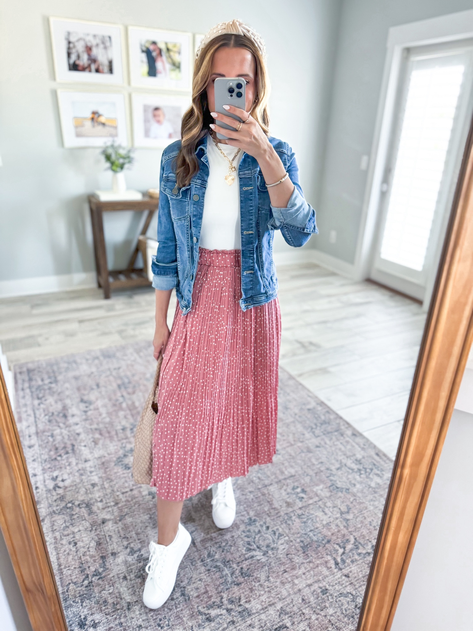 Amazon teacher outfit. Spring outfit. Business casual. Amazon midi skirt in pink, XS. Has elastic waist. Amazon seamless crewneck in XS. Amazon denim jacket in weather medium blue, XS. Amazon white sneakers - whole sizes only. I’m a solid 6.5 and went down to a 6 and they are perfect! Amazon platform sneakers. Amazon pearl headband. Amazon braided purse. 

#LTKshoecrush #LTKworkwear #LTKfindsunder50