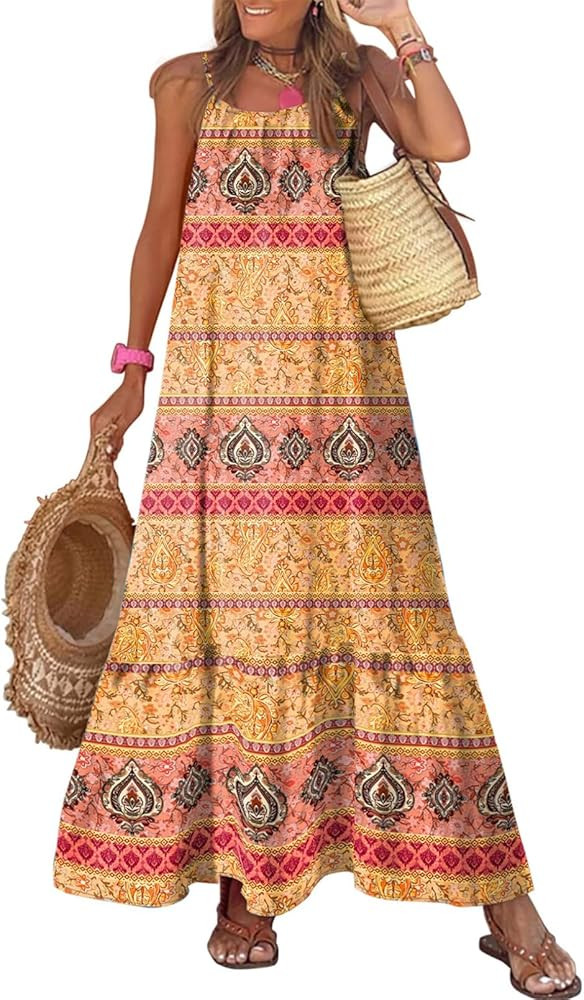 Dokotoo Women Summer Dresses 2026 Spaghetti Strap Scoop Neck Smocked Ruffle Flowy Boho Maxi Dress | Amazon (US)