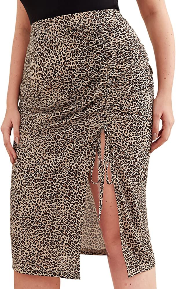 Floerns Women's Plus Size Leopard Drawstring Ruched Split Thigh Midi Skirt | Amazon (US)