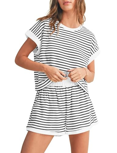 KIGRAD Women 2 Piece Ribbed Knit Pajama Set Striped Short Sleeve Tee Shirts and Shorts Lounge Sets Summer Gym Workout | Amazon (US)