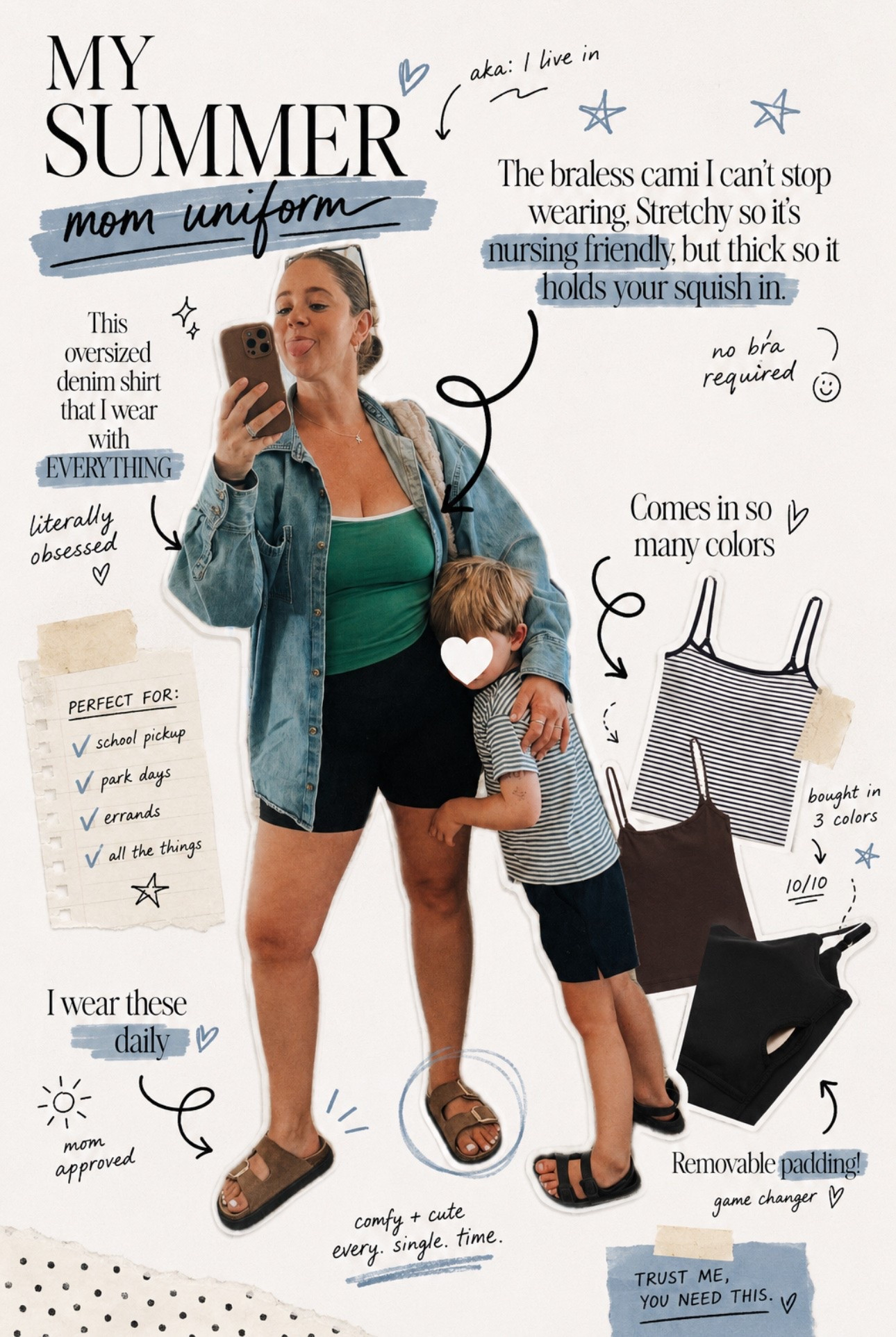 One of my fave go to midsize mom outfits for summer time.
• braless cami
• oversized denim shirt 
• bike shorts a leggings
• hair up (get off my neck it’s hot, ew) 

 #LTKmomlife #LTKMidsize #LTKootd