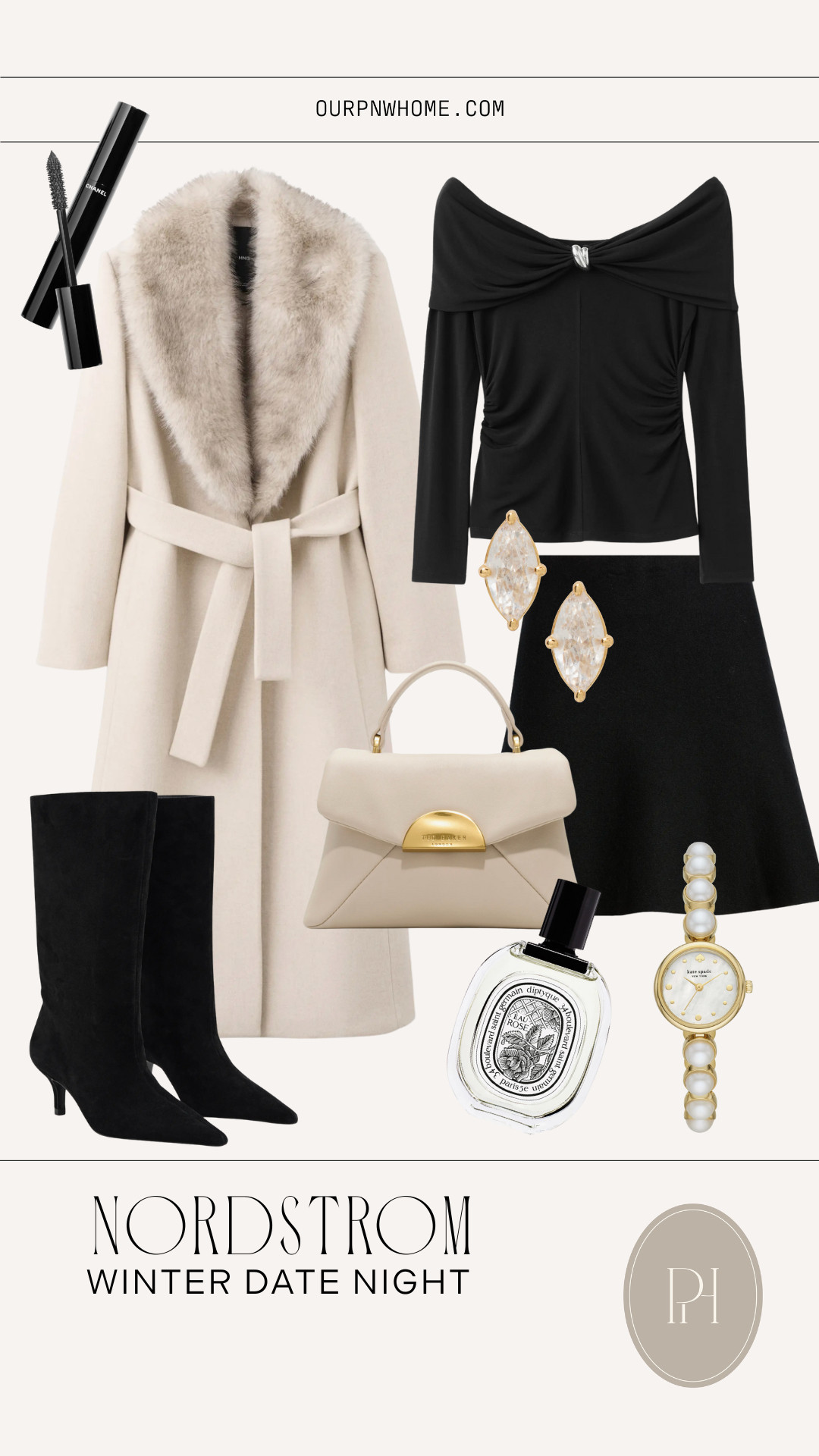 Nordstrom finds that are perfect for a winter date night look!

winter fashion, winter outfit, winter look, winter style, date night outfit, black skirt, flared skirt, off-the-shoulder top, black top,  black sweater, fitted sweater, winter dress coat, faux fur coat, fur collared coat, white coat, dressy coat, black boots, winter shoes, winter boots, mascara, women's fragrance, stud earrings, diamond earrings, pearl watch, women's watch, white handbag, top hand bag, crossbody bag, white purse, designer looks 

 #LTKSeasonal #LTKTall #LTKBeauty