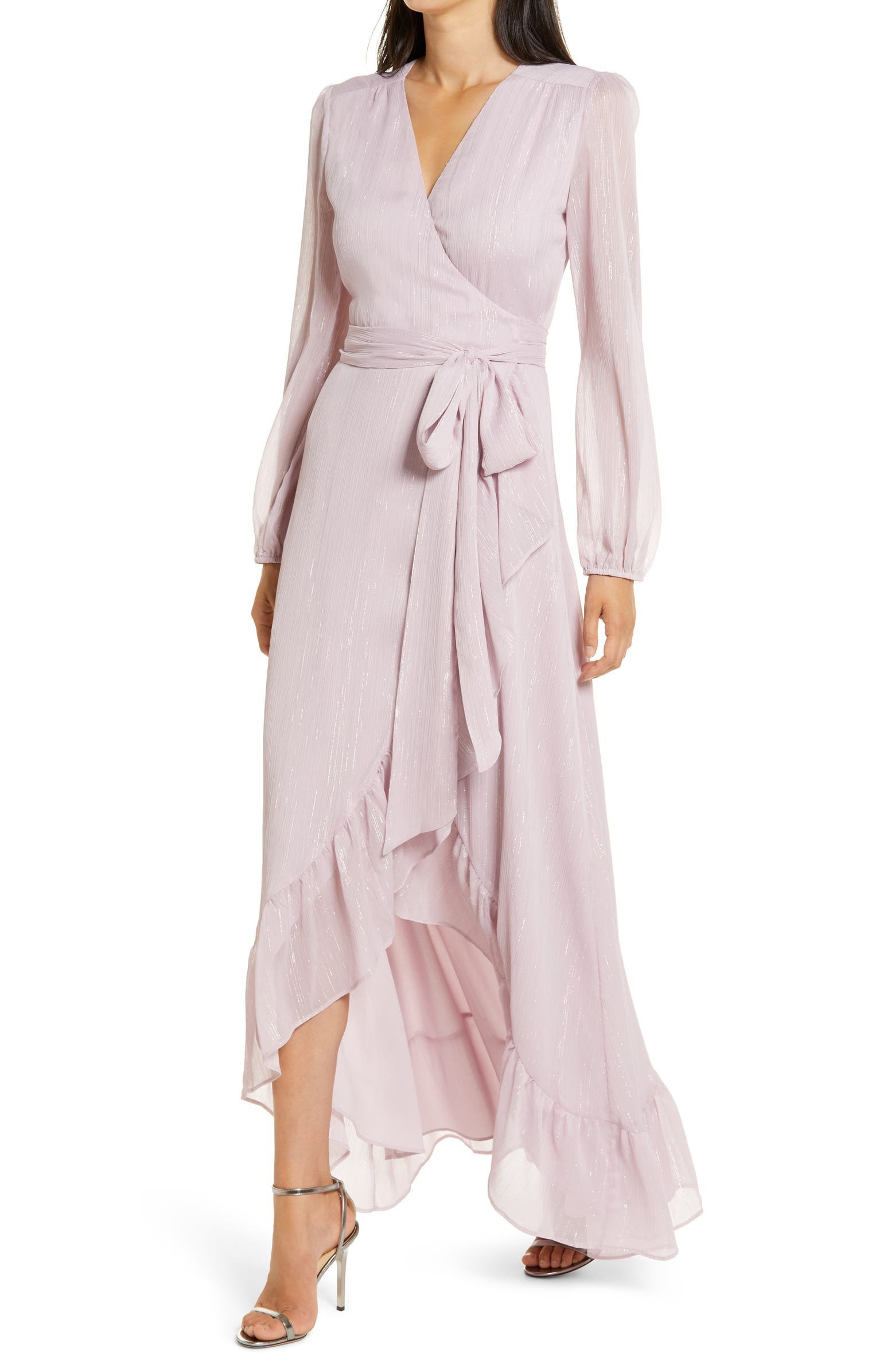 The Meryl Long Sleeve Metallic Chiffon Wrap Gown | Nordstrom