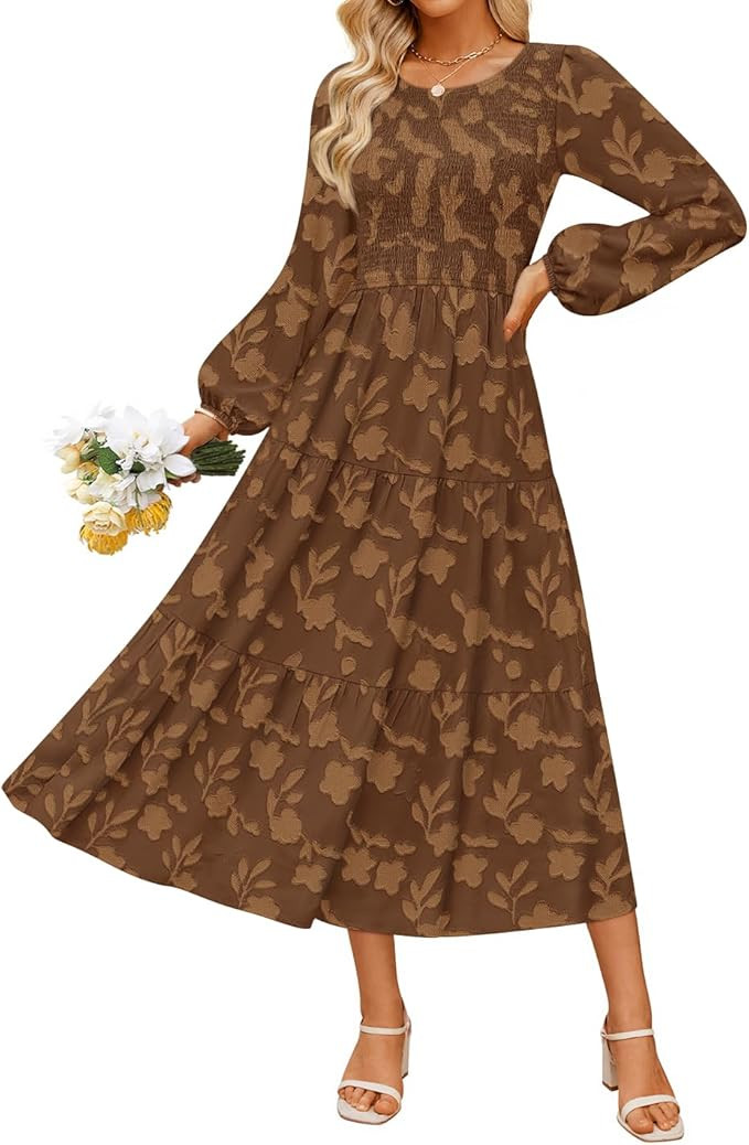 ZESICA Women's Fall Boho Floral Midi Dress 2025 Casual Long Sleeve Crewneck Flowy Wedding Guest L... | Amazon (US)