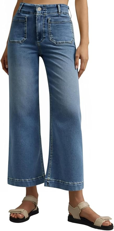 Tankaneo Womens Wide Leg Jeans High Waist Cropped Baggy Denim Pants | Flare,Stretchy,Front Patch ... | Amazon (US)