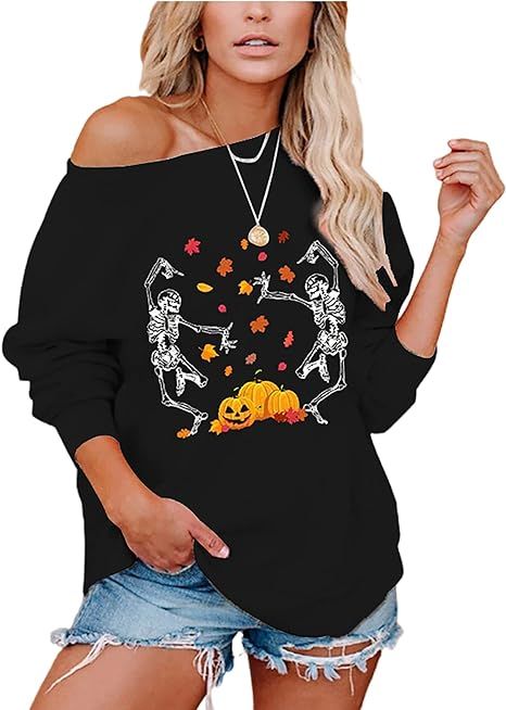 VILOVE Women Halloween Off the Shoulder Sweatshirt Slouchy Pumpkin Face Witch Shirt Long Sleeve P... | Amazon (US)