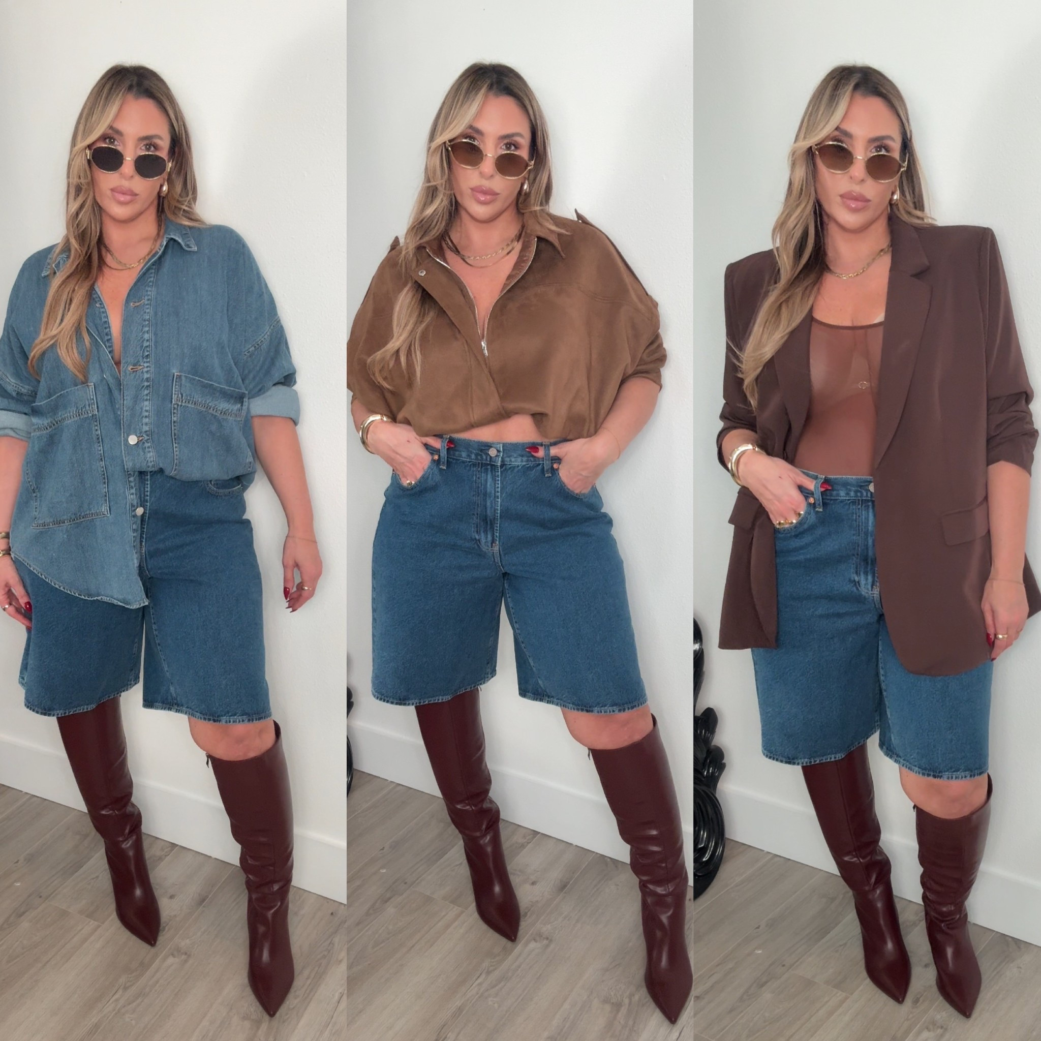 Elevated Midsize Casual

brown blazer sized up to XXL for oversized look (added shoulder pads) 

Denim shirt size L (size down fits very oversized) 

Bomber size L (fits oversized size down) 

Bartender bands to hold sleeves up

Brown Mesh top size L (super stretchy) 

Gap shorts 33Tall (sizes up for baggy fit) I’ve tried so many long shorts and these are the best for thick thighs. 

burgundy boots are wide calf friendly. My calfs are 16.75 inch (skip if you are over that measurement) 

amazon accessories & heels linked 




#LTKMidsize #LTKStyleTip #LTKShoeCrush