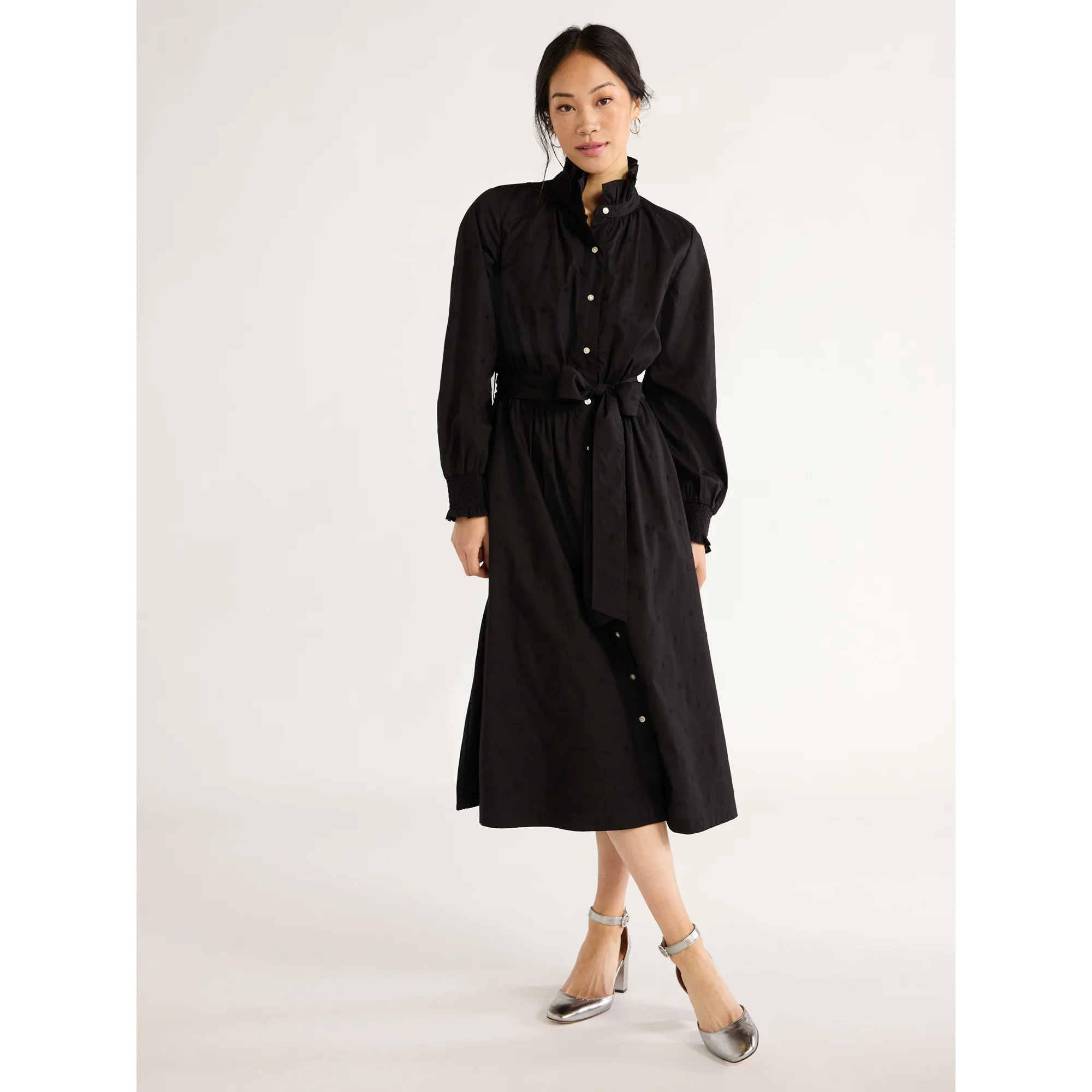 Free Assembly Women's Ruffle Neck Cotton Embroidered Midi Dress, Sizes XS-XXL | Walmart (US)