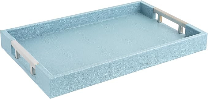 Modern Elegant 18"x12" Rectangle Baby Light Blue Glossy Shagreen Faux Leather Decorative Tray Ott... | Amazon (US)