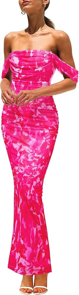 PRETTYGARDEN Women's Ruched Bodycon Maxi Dress 2025 Summer Off Shoulder Floral Mesh Cocktail Part... | Amazon (US)