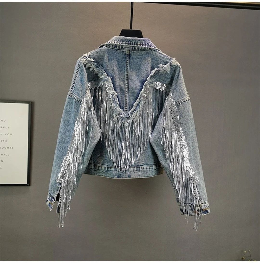 Jean Jacket Fringe, Fringed Sequinned Denim Jacket, Sequin Fringe Jacket, Sequin Tassel Denim Jac... | Etsy (US)