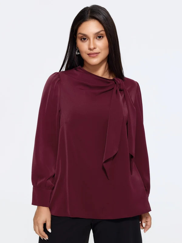 Satin Cowl Neck Tie Bow Long Sleeve Blouse | Bloomchic