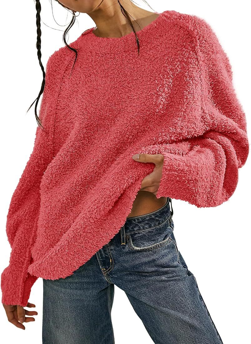 Beaully Women's Oversized Long Sleeve Crewneck Fuzzy Knit Warm Sweaters 2023 Fall Side Slit Pullo... | Amazon (US)