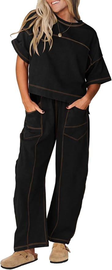 Women's Two Piece Sets Short Sleeve Crew Neck Tops Barrel Leg Sweatpants Lounge Matching Sets Tra... | Amazon (US)