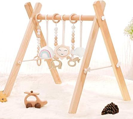 HAN-MM Wooden Baby Gym with 6 Wooden Baby Teething Toys Foldable Baby Play Gym Frame Activity Gym... | Amazon (US)