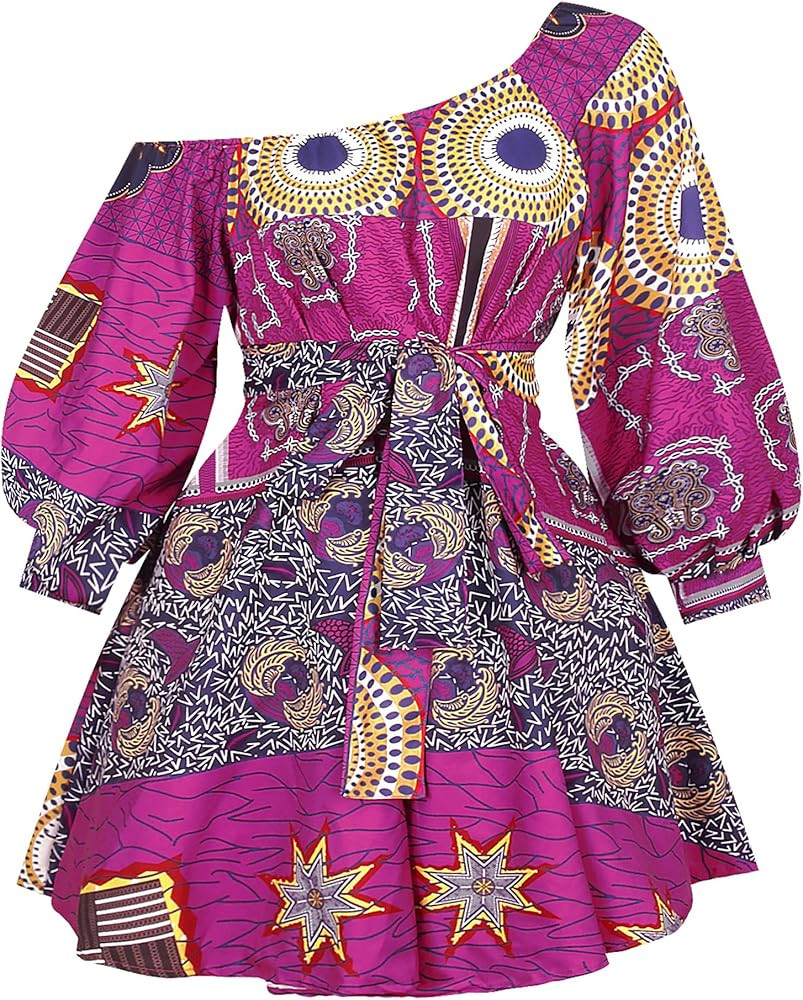 Haoohu Womens Boho African Style Floral Print Pleated Mini Swing Short Dress Top for Casual Club Par | Amazon (US)