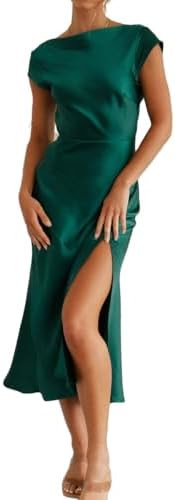 Women's Summer Satin Elegance Backless Twist Cap Sleeves Midi Dress 2025 Sexy Cowl Neck Slit Cock... | Amazon (US)