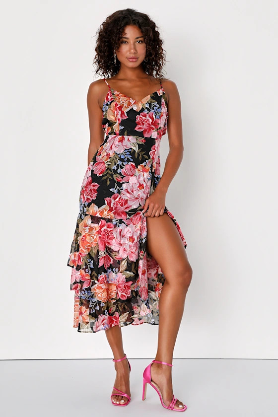 Pretty Delight Black Floral Jacquard Tiered Midi Dress | Lulus