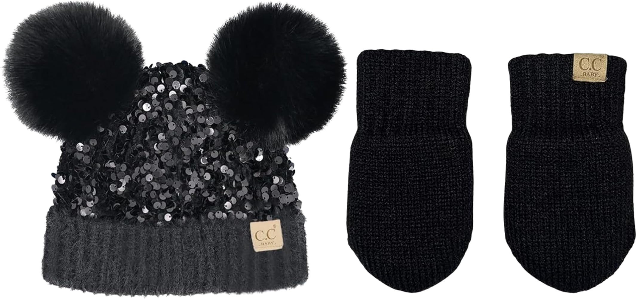 Funky Junque Matching 2 Pack Infant Double Pom Sequin Beanie & Baby Mittens - Black | Amazon (US)
