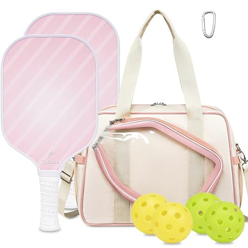 Pickleball Gifts for Women Pickleball Paddles Set of 2 Pink Tote Bag 2 Rackets 4 Outdoor Indoor Pickle Balls 1 Hook Pickle-Ball Lovers Accessories Polypropylene Honeycomb Core | Amazon (US)