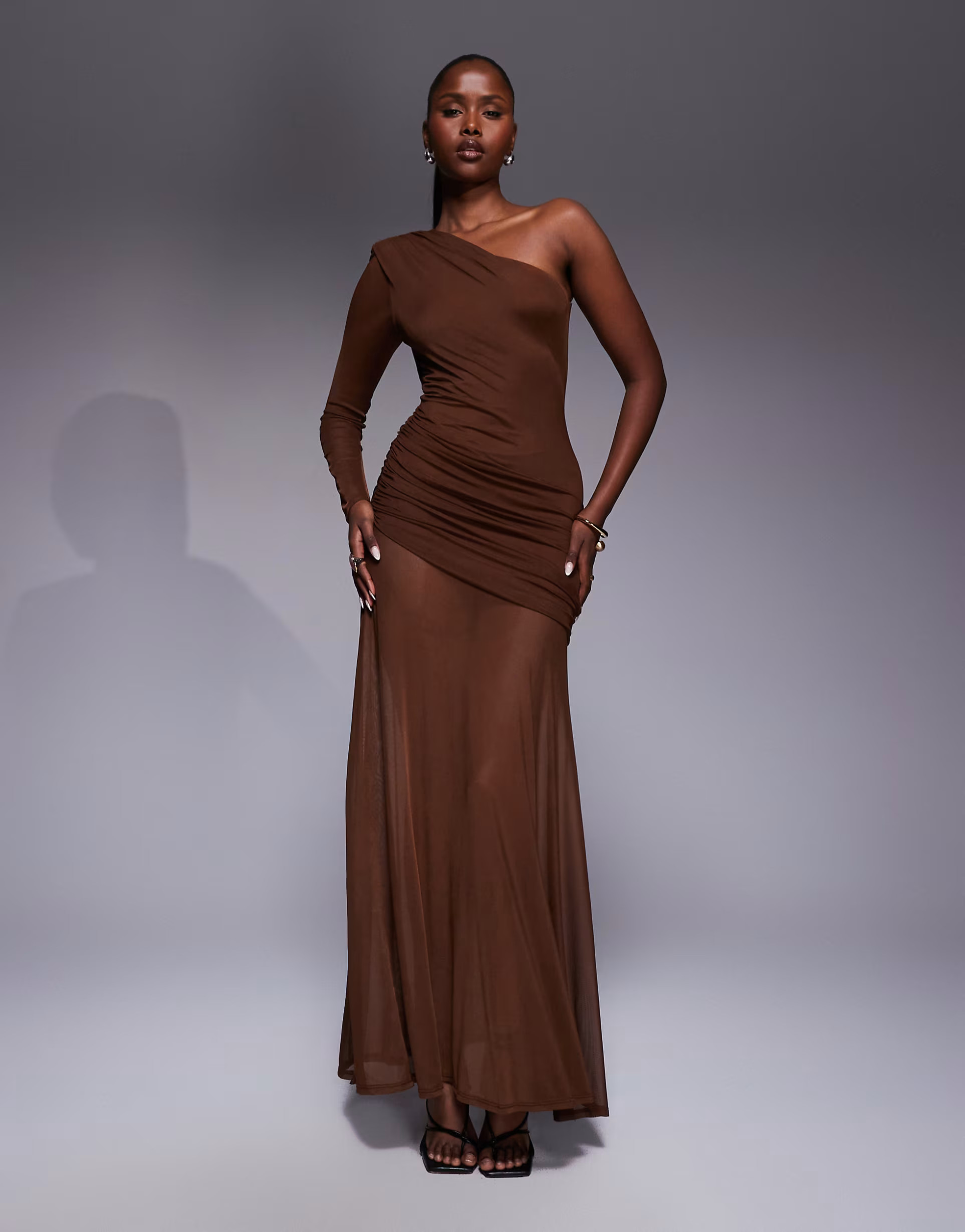 ASOS DESIGN mesh one sleeve gauged detail maxi dress with full skirt in brown | ASOS | ASOS (Global)
