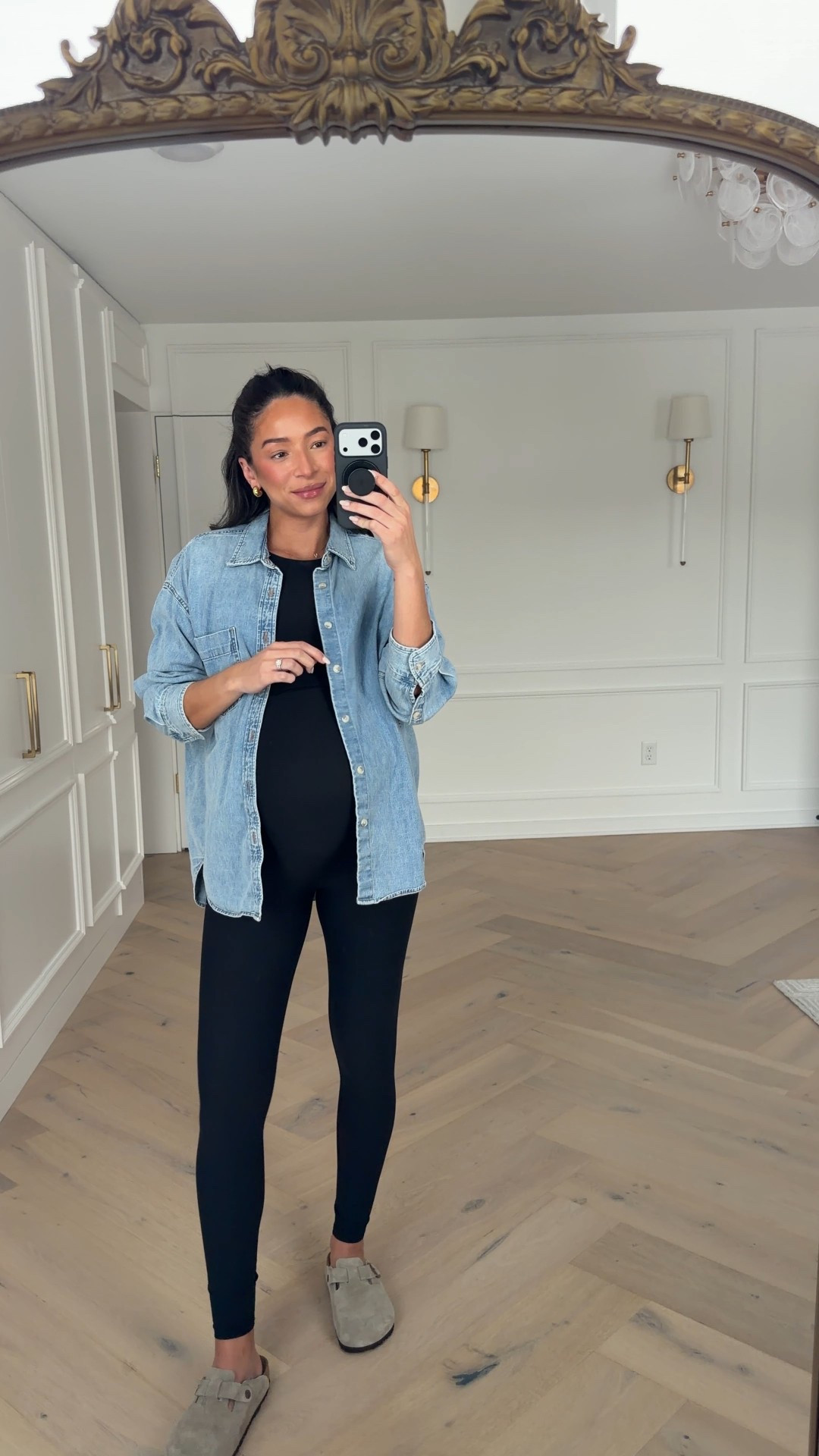 Late pregnancy uniform! Fitted base and a comfy layer 👏🏽 love this denim shirt over this super stretchy and comfy jumpsuit. Wearing a S in shirt (color: 7 yrs pct bleu) and S in jumpsuit (code NENAXSPANX to save)

#LTKBump #LTKootd