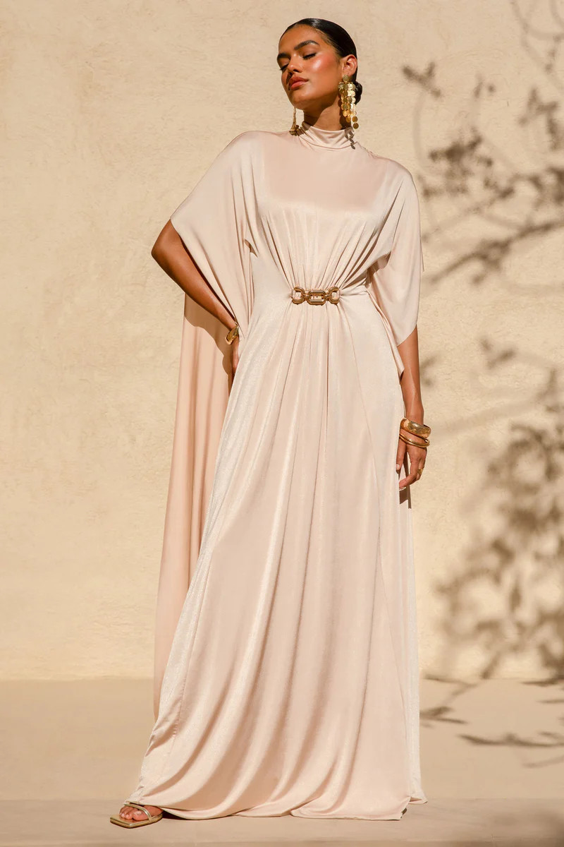 Olessia  Champagne Belted Gathered Cape-Sleeve Maxi Dress | Club L London