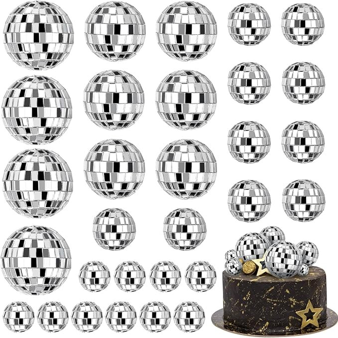 JOERSH 30 PCS Disco Ball Cake Decoration, Small Silver Reflective Mirror Ball Cake Topper, 70s Di... | Amazon (US)