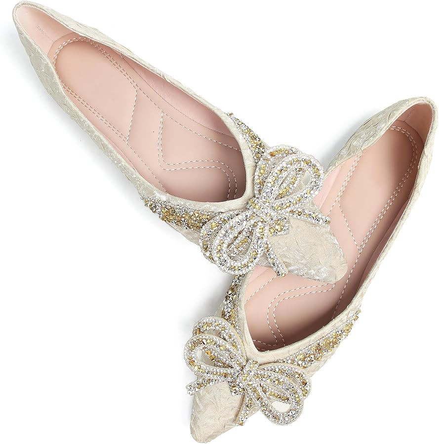 SAILING LU Bow-Knot Ballet Flats for Women Pointed Toe Crystals Wedding Shoes Comfort Light Weigh... | Amazon (US)