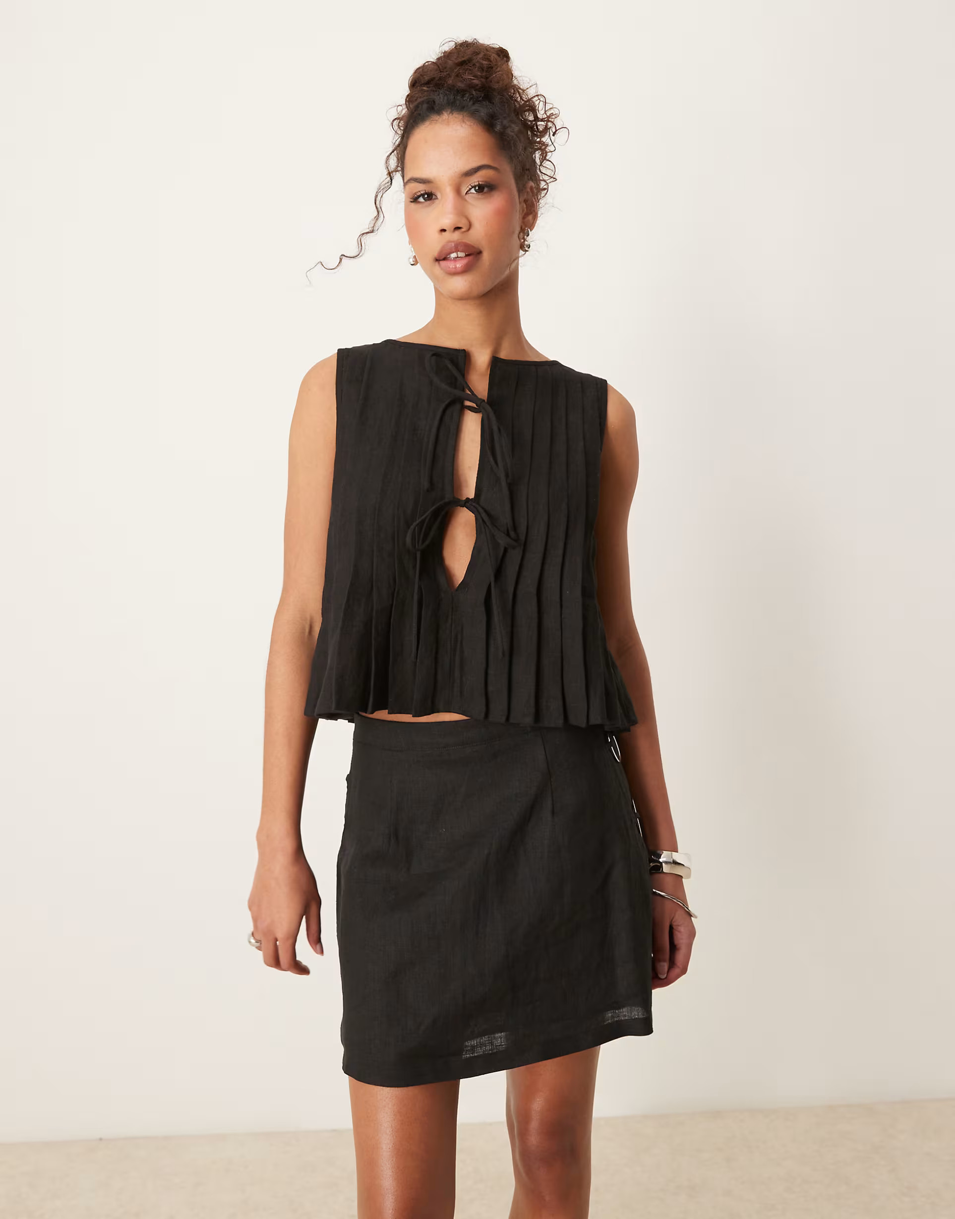 VRG GRL valeria tie front linen top in black | ASOS (Global)