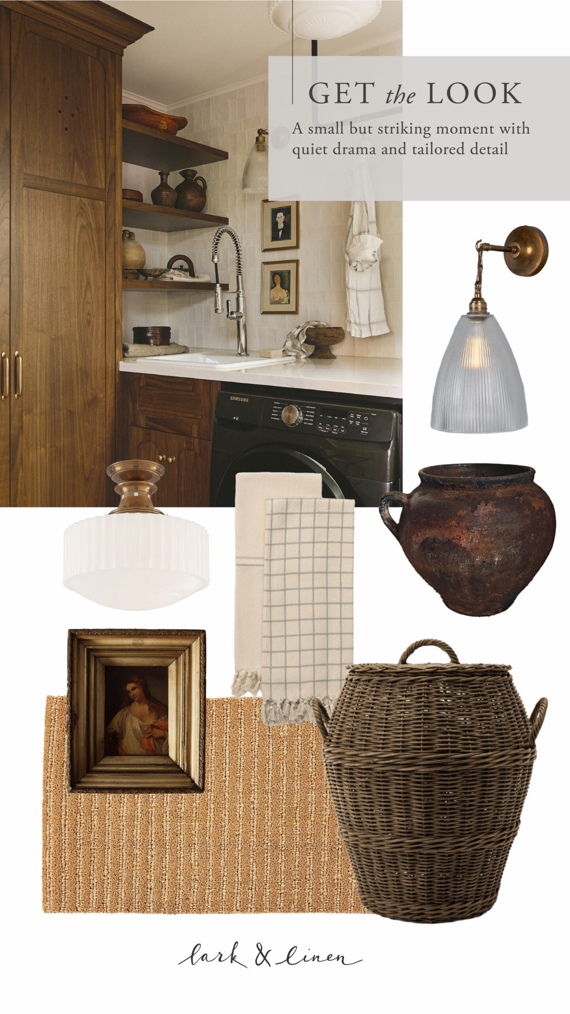A curated collection of fluted gold lighting, linen tea towels, vintage-inspired pottery, wicker baskets, framed vintage art, and neutral striped rugs inspired by this layered mudroom laundry room.
