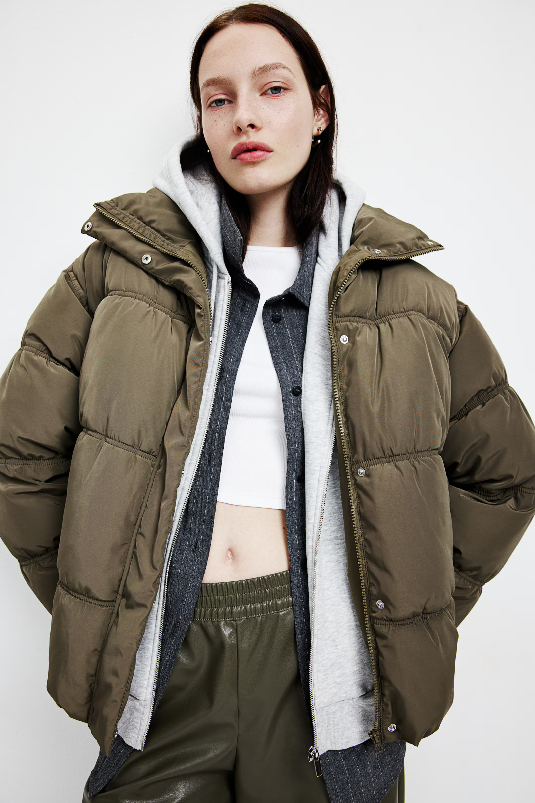 Quilted Puffer Jacket - Dark khaki green - Ladies | H&M US | H&M (US + CA)