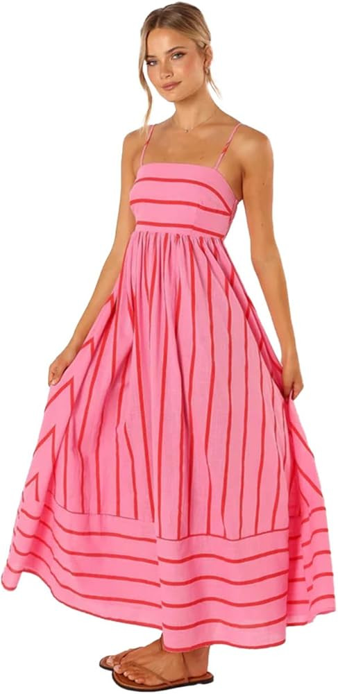 Striped Sleeveless Suspender with Open Back Large Hem Casual Dress Large Hem Extended Dress | Amazon (US)