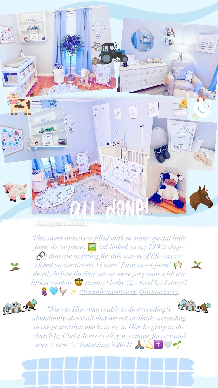 This sweet nursery is filled with so many special little farm decor pieces 🖼️ (all linked on my LTKit shop! 🔗) that are so fitting for this season of life - as we closed on our dream 15 acre “farm sweet farm” 🌾 shortly before finding out we were pregnant with our littlest cowboy 🤠 in sweet baby #2 - total God story!!🤰🩵🐓✨ #farmthemenursery #farmnursery 

“Now to Him who is able to do exceedingly abundantly above all that we ask or think, according to the power that works in us, to Him be glory in the church by Christ Jesus to all generations, forever and ever, Amen.” // Ephesians 3:20-21 🙏🏽💫✝️🤍🌱


#LTKbump #LTKbaby #LTKhome