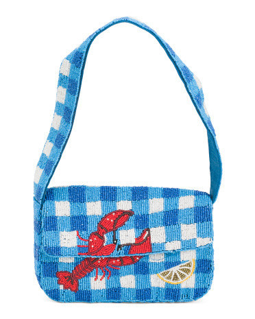 Beaded Baguette Shoulder Bag With Lobster And Gingham Design for Women | Polyester | Marshalls