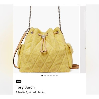 Tory Burch Charlie Quilted Denim drawstring Shoulder Bag in Yellow | eBay US