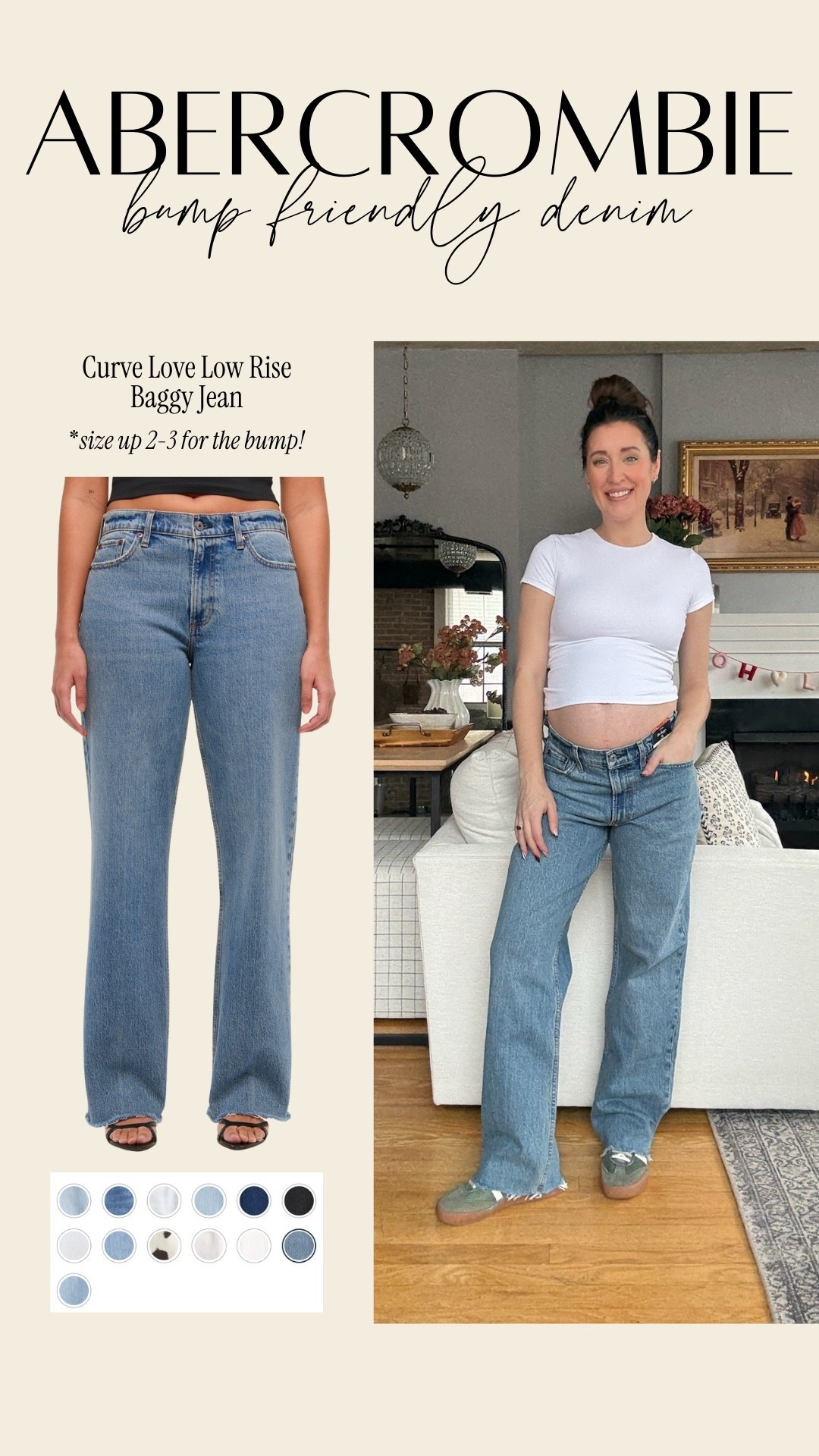 Abercrombie low rise baggy jeans, typically I do a size 24 but for maternity I sized up 2. These are not maternity but are bump friendly!

#LTKmomlife #LTKBump
