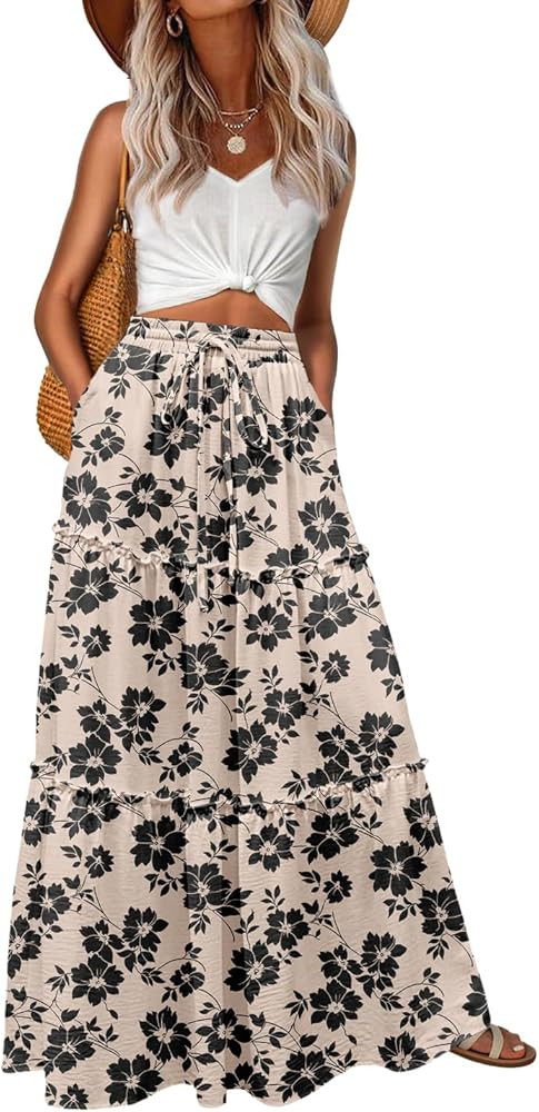 Lepunuo Womens Casual Boho High Waisted Flowy Maxi Skirts Tiered Floral Long Skirts with Pockets ... | Amazon (US)