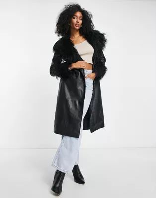 Vila faux fur trim leather look coat with belt in black | ASOS (Global)