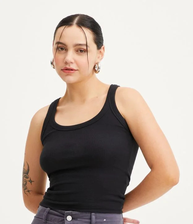 Blusa Regata em Ribana com Textura Canelada Preto | Renner (BR)