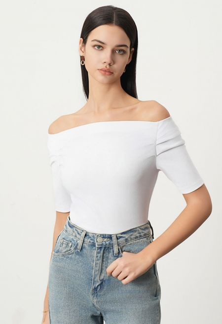 Off-Shoulder Ruched Short Sleeve Top in White | Chicwish