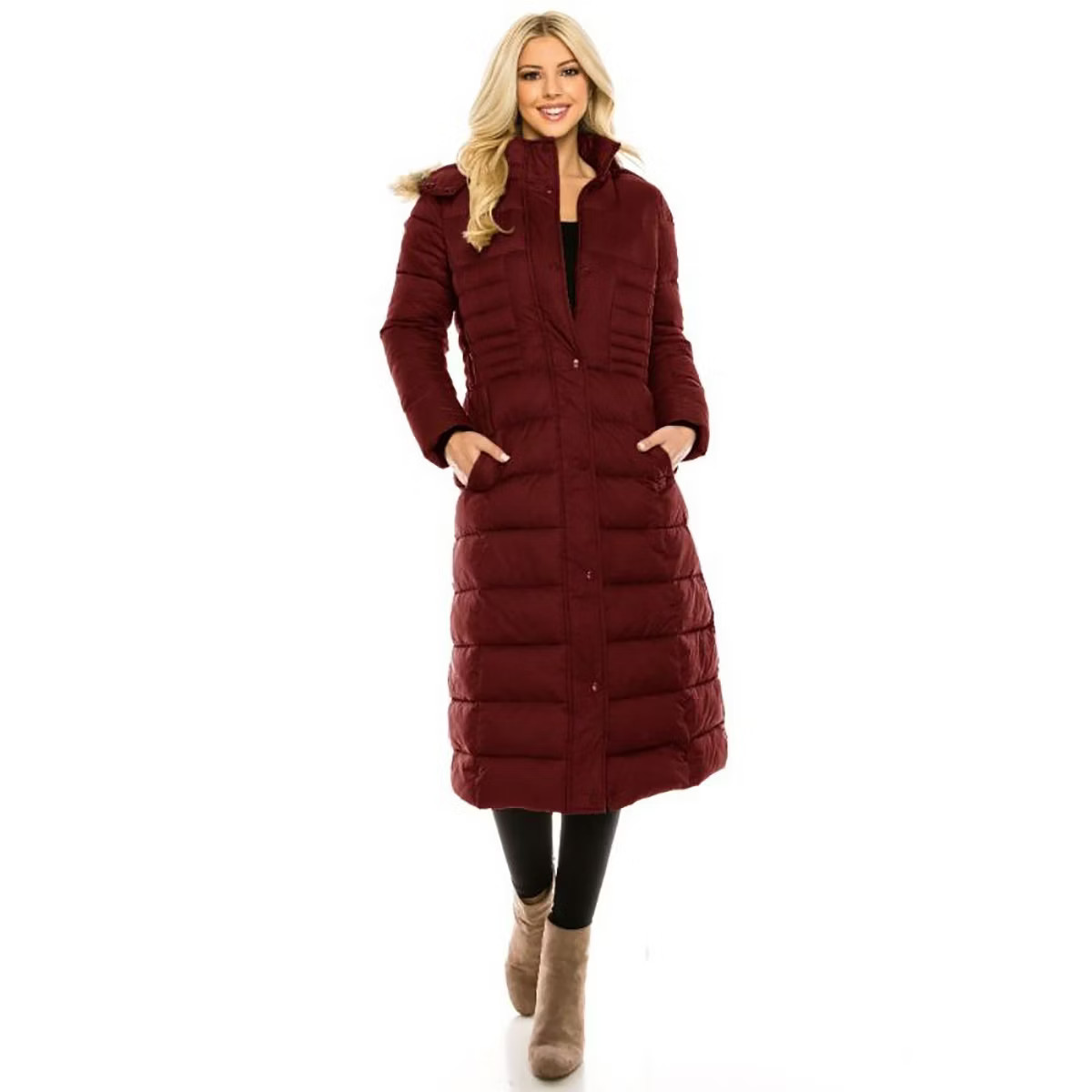 Haute Edition Women's Maxi Length Quilted Puffer with Fur Lined Hood | Target