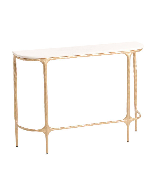 38x9.75x28 Marble Top Hammered Iron D Shape Console Table | Global Home | Marshalls | Marshalls