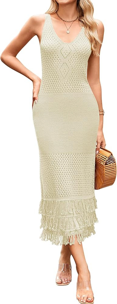 Cakulo Womens Summer Maxi Crochet V Neck Dresses 2025 Sundresses Long Bodycon Sleeveless Vacation... | Amazon (US)