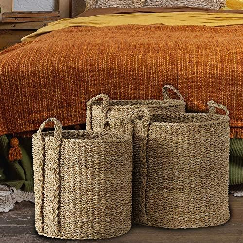 Beach House Wicker Baskets, Set of 3, Chunky Sweater Weave, Braid Handles, Sustainably Harvested Sea | Amazon (US)